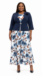 African Queen Navy Blazer & Watercolor Floral Maxi Dress Set - Front model view