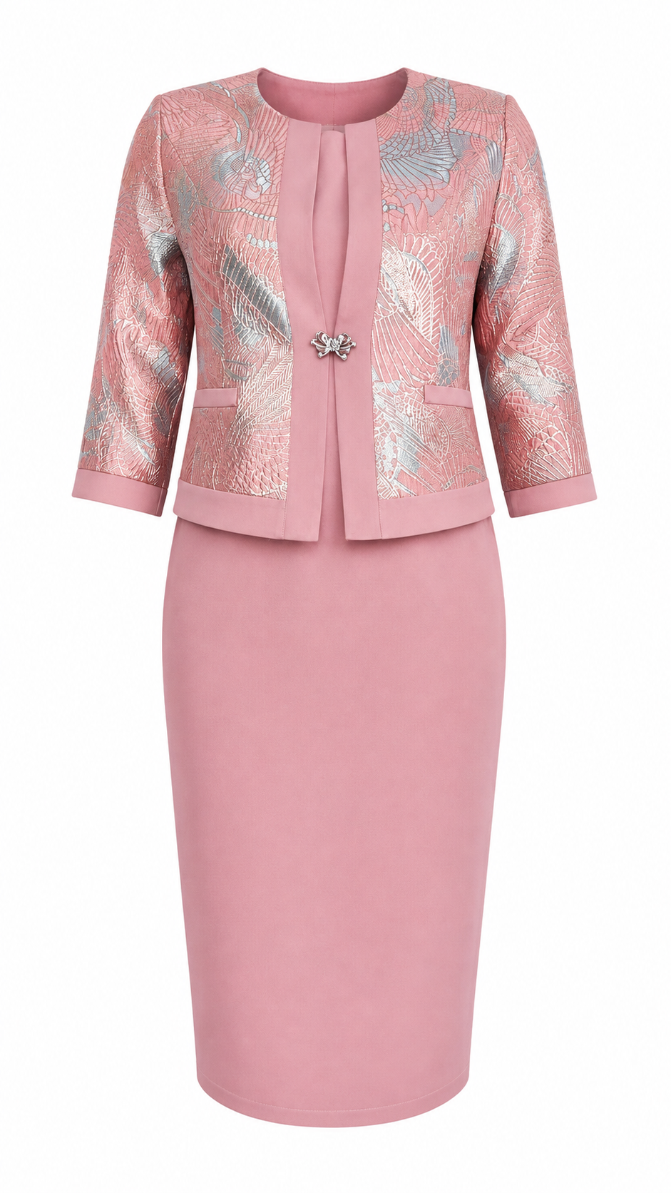African Queen Rose Pink Metallic Jacquard Jacket & Pencil Dress Set - Flat lay product view