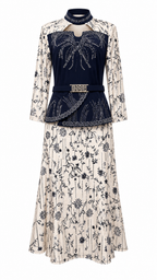 African Queen Ivory Floral Embroidered Dress & Navy Velvet Rhinestone Peplum Belt Set