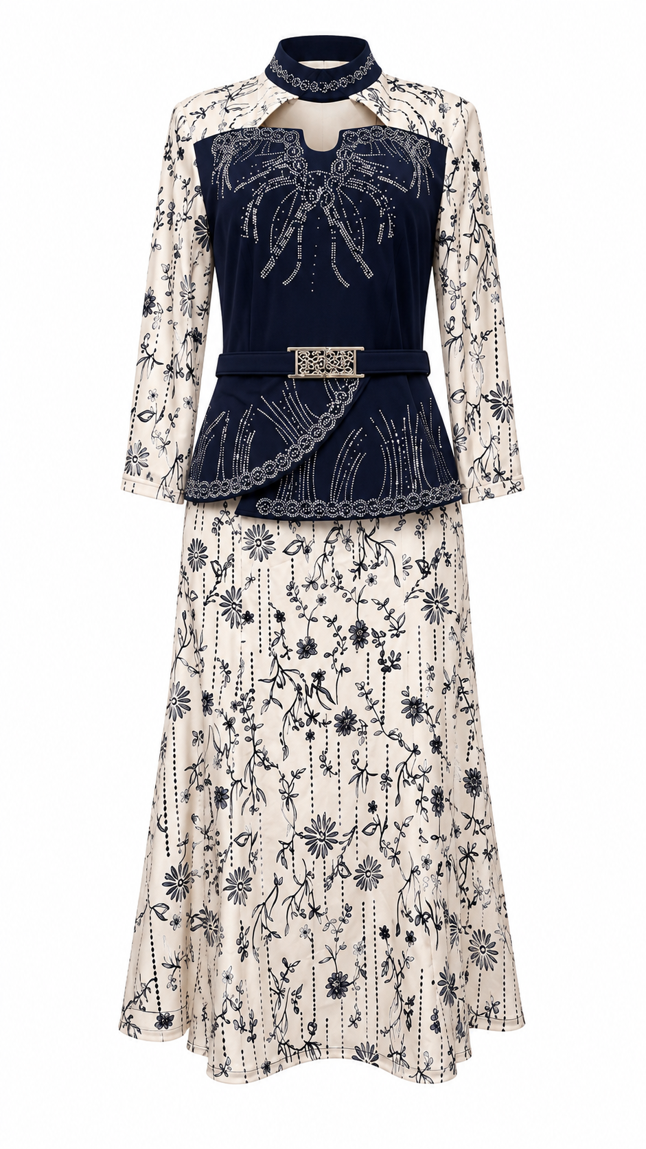 African Queen Ivory Floral Embroidered Dress & Navy Velvet Rhinestone Peplum Belt Set