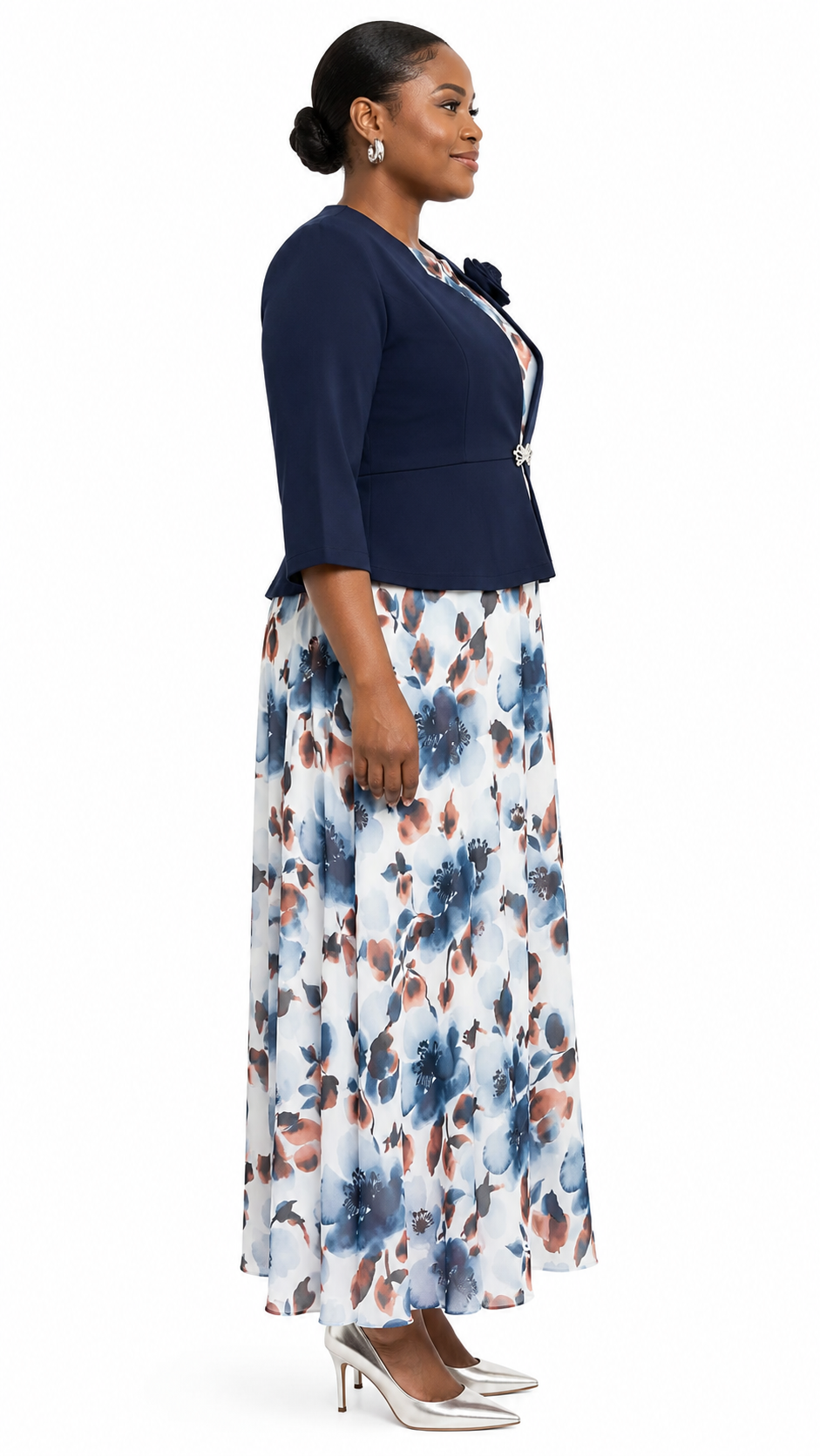 African Queen Navy Blazer & Watercolor Floral Maxi Dress Set - Side model view
