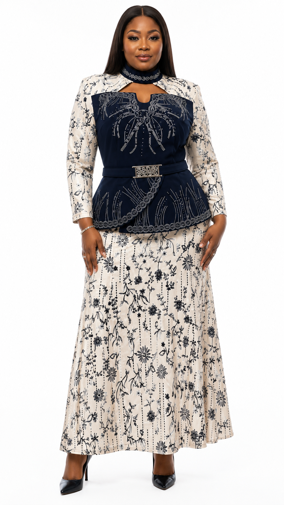 African Queen Ivory Floral Embroidered Dress & Navy Velvet Rhinestone Peplum Belt Set