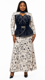 African Queen Ivory Floral Embroidered Dress & Navy Velvet Rhinestone Peplum Belt Set