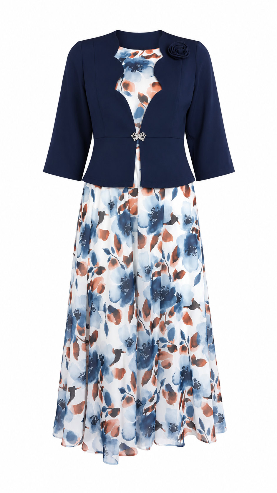 African Queen Navy Blazer & Watercolor Floral Maxi Dress Set - Flat lay product view