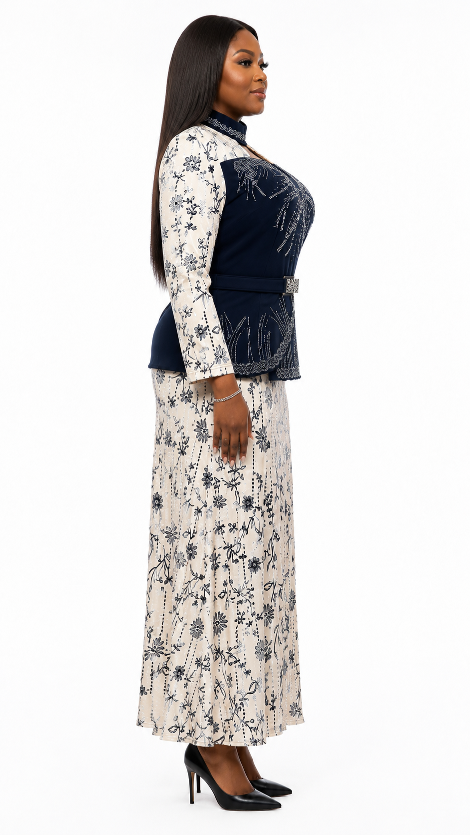 African Queen Ivory Floral Embroidered Dress & Navy Velvet Rhinestone Peplum Belt Set