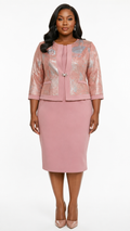 African Queen Rose Pink Metallic Jacquard Jacket & Pencil Dress Set - Front model view