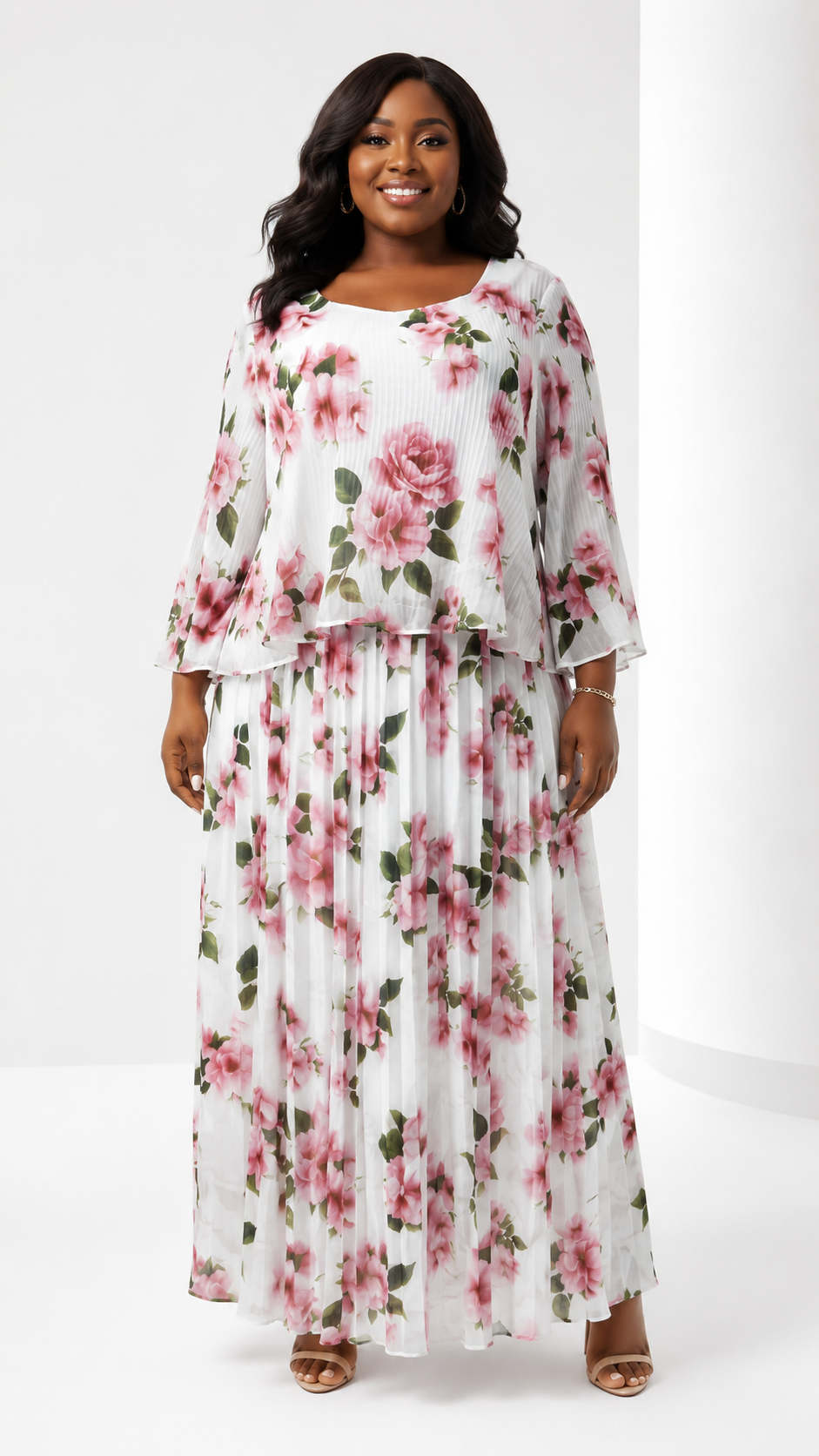 African Queen Rose Floral Pleated Maxi Dress - Front model view