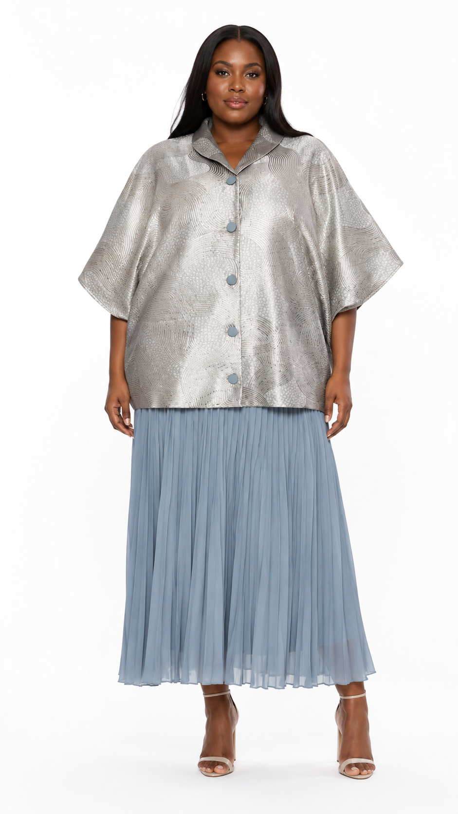 African Queen Metallic Jacquard Cape Top & Pleated Midi Skirt Set - Front model view