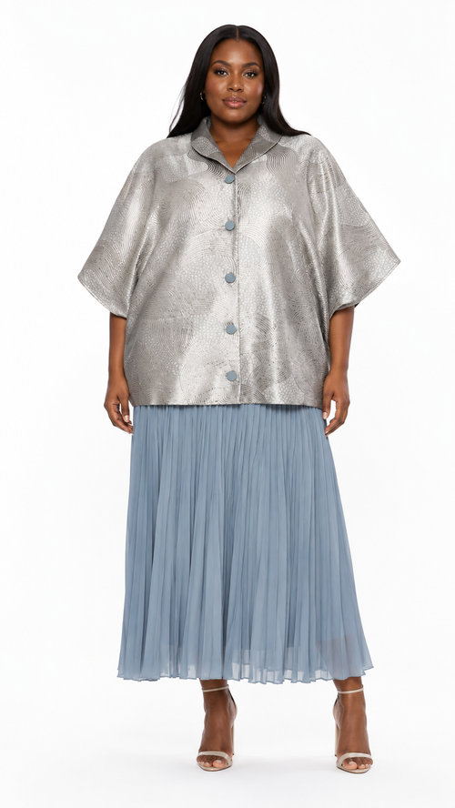 African Queen Metallic Jacquard Cape Top & Pleated Midi Skirt Set - Front model view