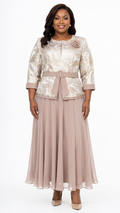 African Queen Champagne Leaf Jacquard Belted Jacket & Maxi Skirt Set - Front model view