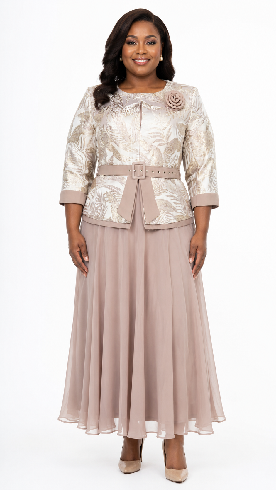 African Queen Champagne Leaf Jacquard Belted Jacket & Maxi Skirt Set - Front model view