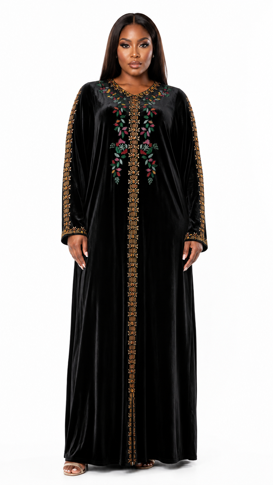 African Queen Black Velvet Gold Embroidered Kaftan Maxi Dress - Front model view