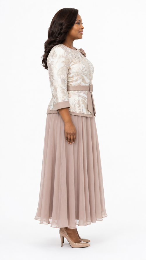 African Queen Champagne Leaf Jacquard Belted Jacket & Maxi Skirt Set - Side model view