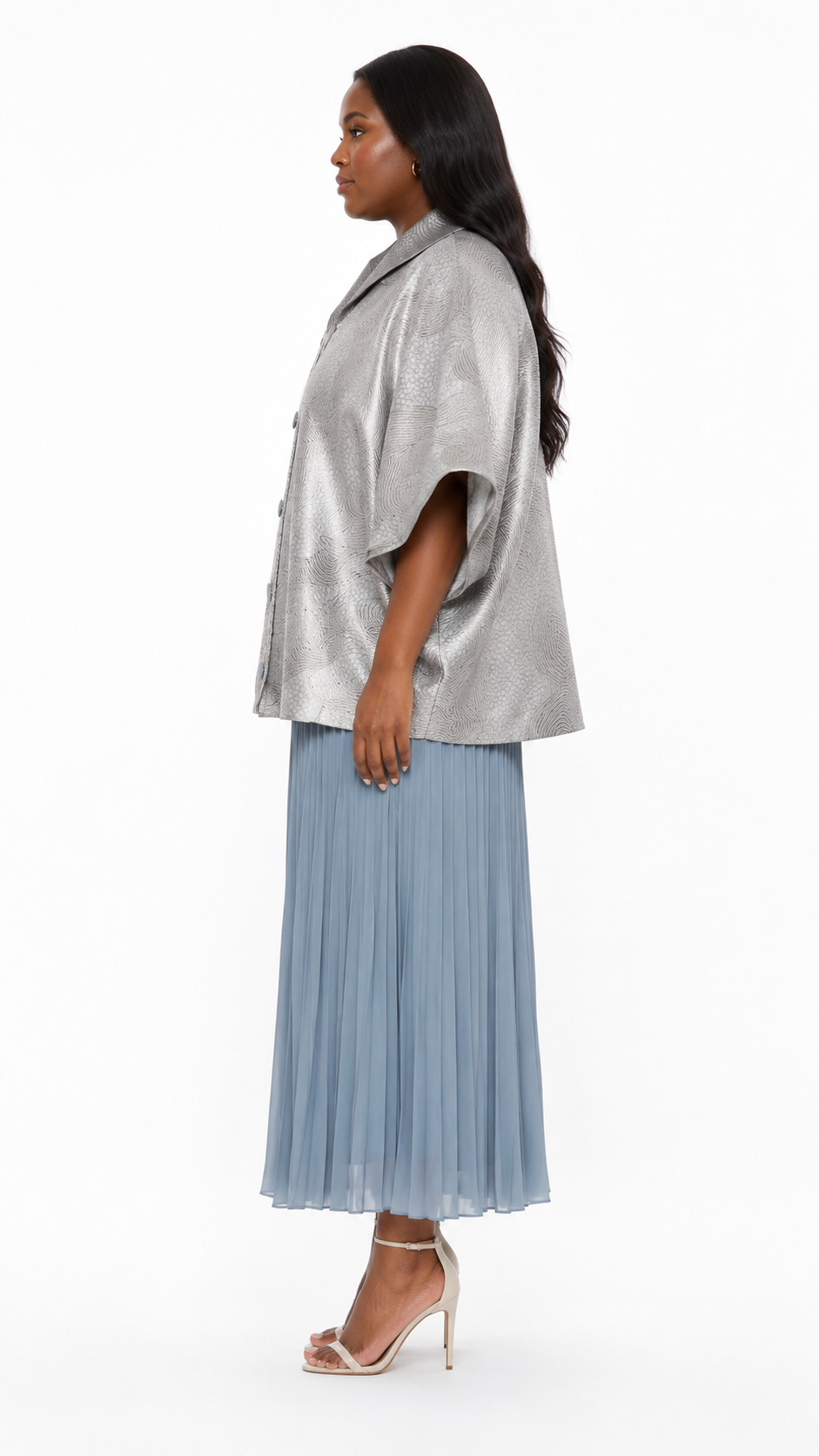 African Queen Metallic Jacquard Cape Top & Pleated Midi Skirt Set - Side model view
