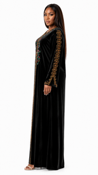 African Queen Black Velvet Gold Embroidered Kaftan Maxi Dress - Side model view