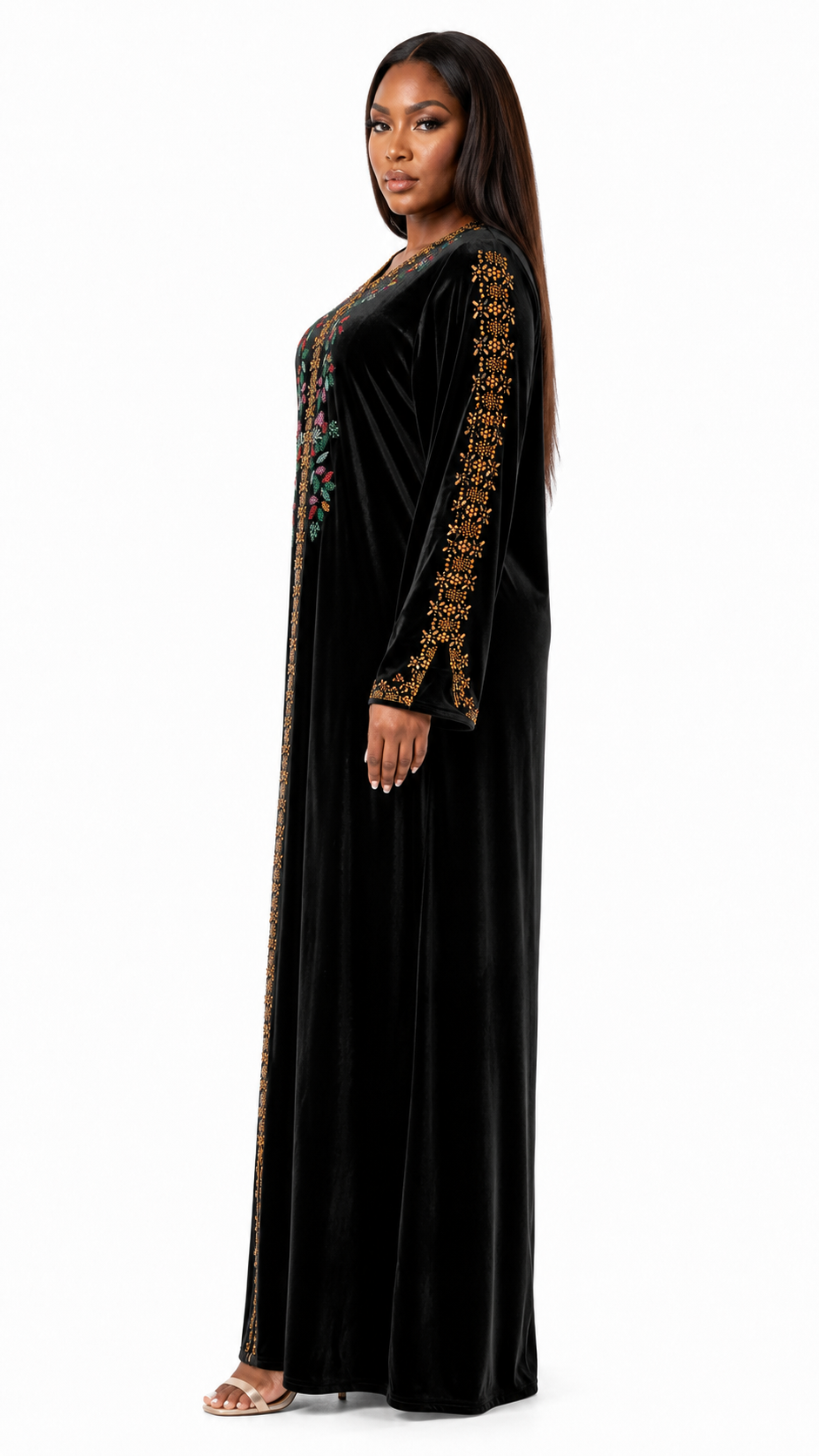 African Queen Black Velvet Gold Embroidered Kaftan Maxi Dress - Side model view