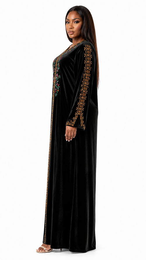 African Queen Black Velvet Gold Embroidered Kaftan Maxi Dress - Side model view