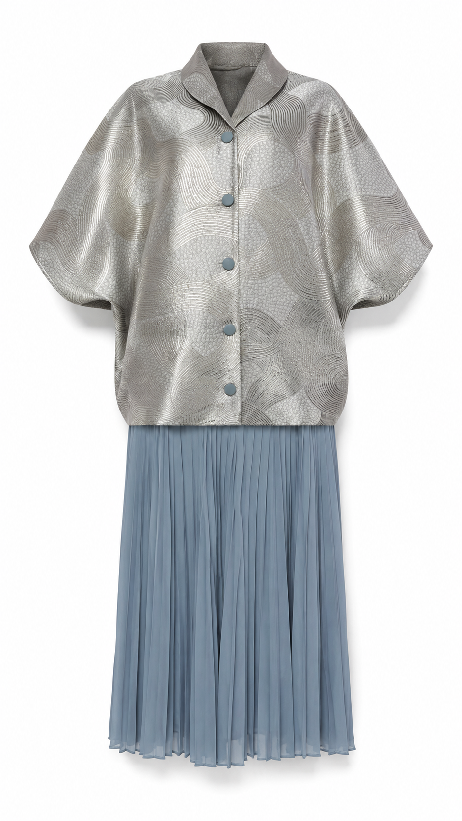 African Queen Metallic Jacquard Cape Top & Pleated Midi Skirt Set - Flat lay product view