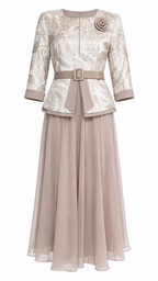 African Queen Champagne Leaf Jacquard Belted Jacket & Maxi Skirt Set - Flat lay product view
