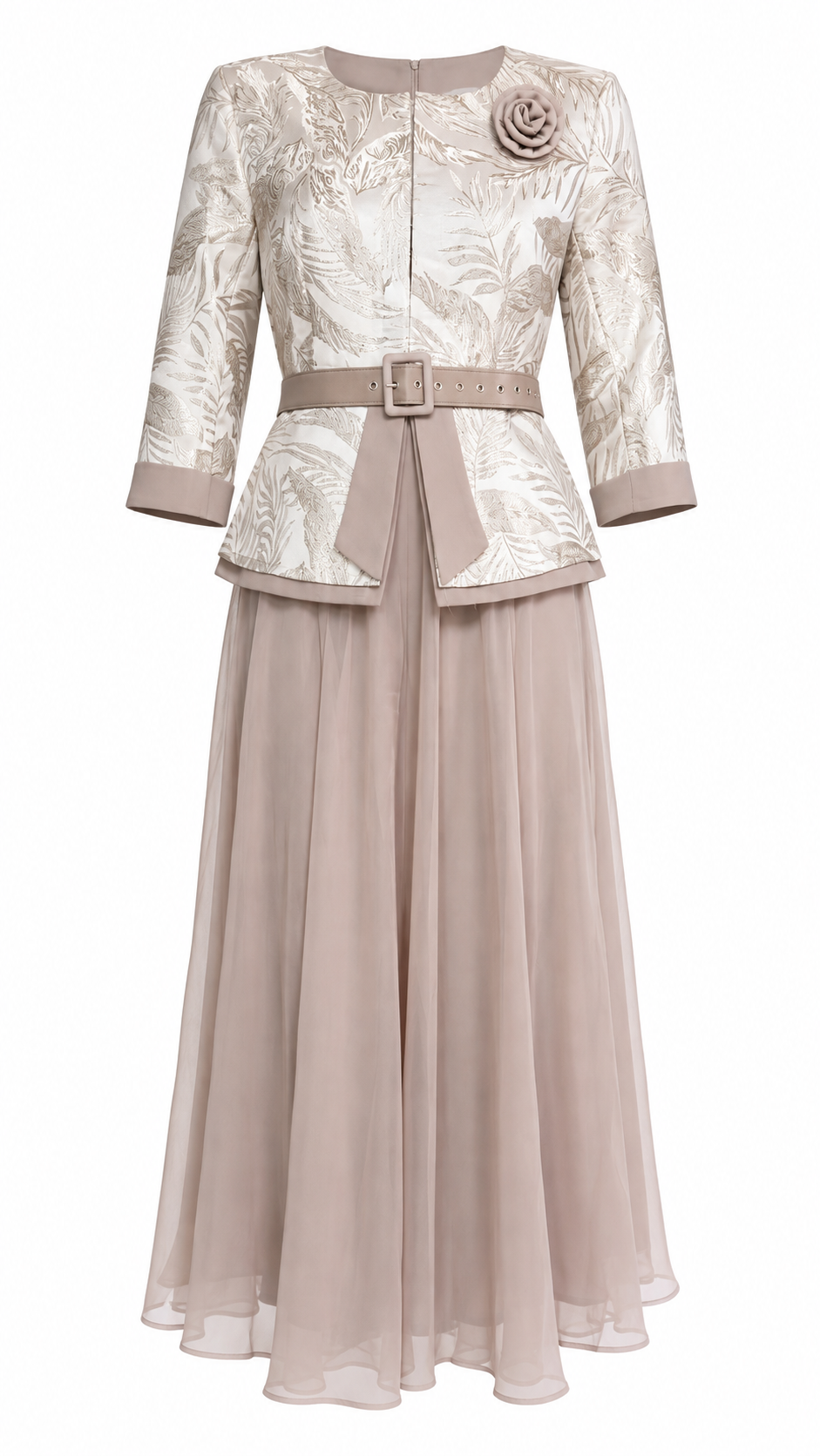 African Queen Champagne Leaf Jacquard Belted Jacket & Maxi Skirt Set - Flat lay product view
