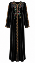 African Queen Black Velvet Gold Embroidered Kaftan Maxi Dress - Flat lay product view