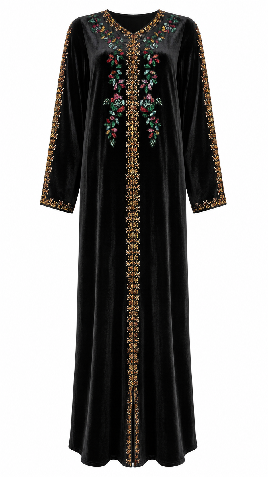 African Queen Black Velvet Gold Embroidered Kaftan Maxi Dress - Flat lay product view