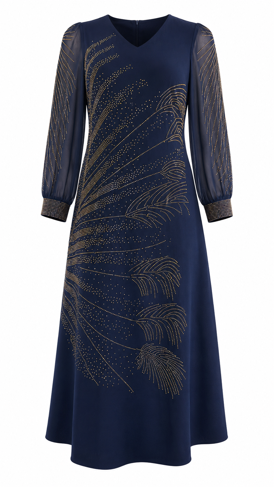 African Queen Navy Rhinestone Feather Motif A-Line Midi Dress - Flat lay product view