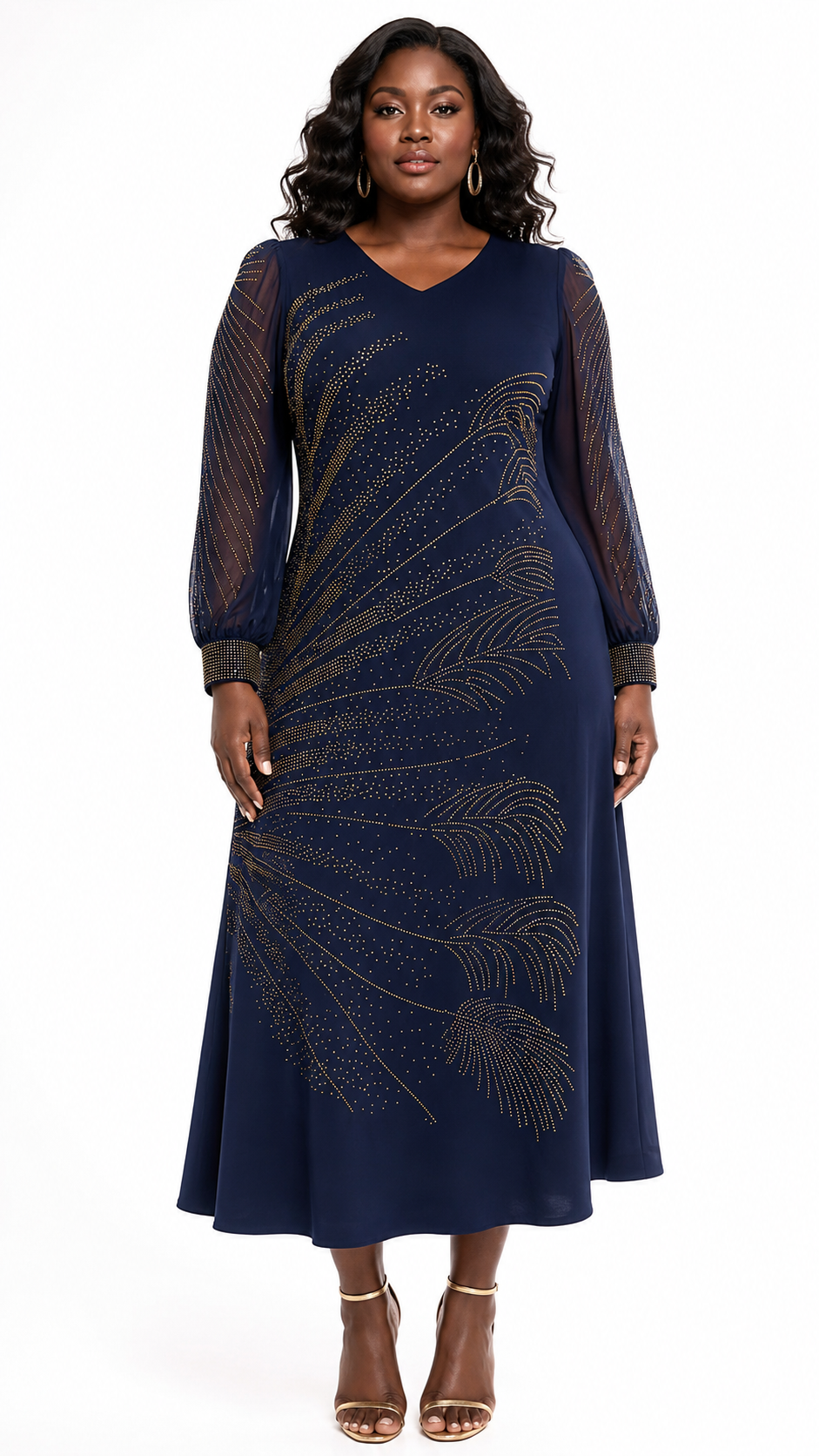 African Queen Navy Rhinestone Feather Motif A-Line Midi Dress - Front model view