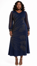 African Queen Navy Rhinestone Feather Motif A-Line Midi Dress - Front model view