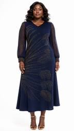 African Queen Navy Rhinestone Feather Motif A-Line Midi Dress - Front model view