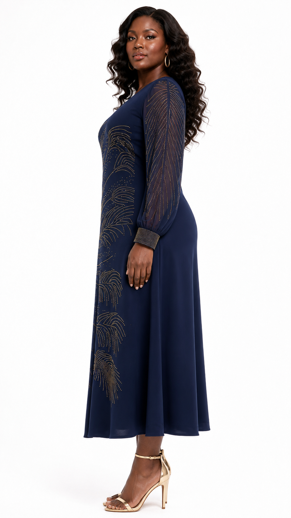 African Queen Navy Rhinestone Feather Motif A-Line Midi Dress - Side model view