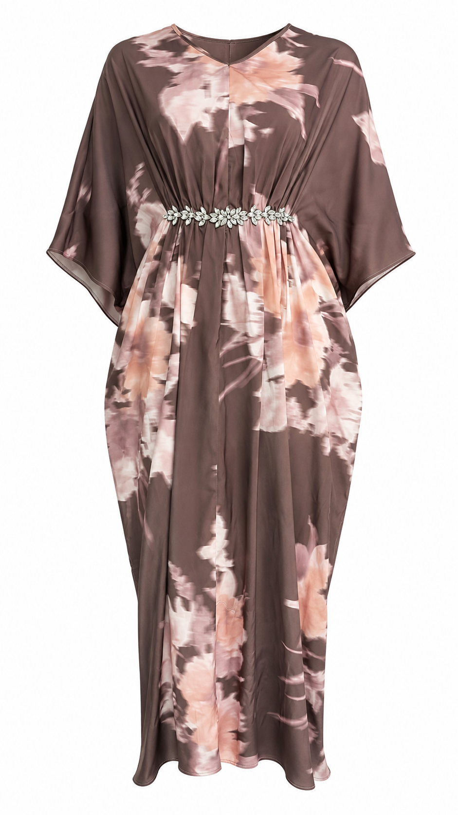 African Queen Mocha Tie-Dye Floral Rhinestone Belt Kaftan Maxi Dress - Flat lay product view