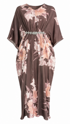 African Queen Mocha Tie-Dye Floral Rhinestone Belt Kaftan Maxi Dress - Flat lay product view