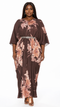 African Queen Mocha Tie-Dye Floral Rhinestone Belt Kaftan Maxi Dress - Front model view