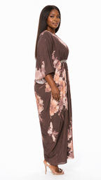 African Queen Mocha Tie-Dye Floral Rhinestone Belt Kaftan Maxi Dress - Side model view