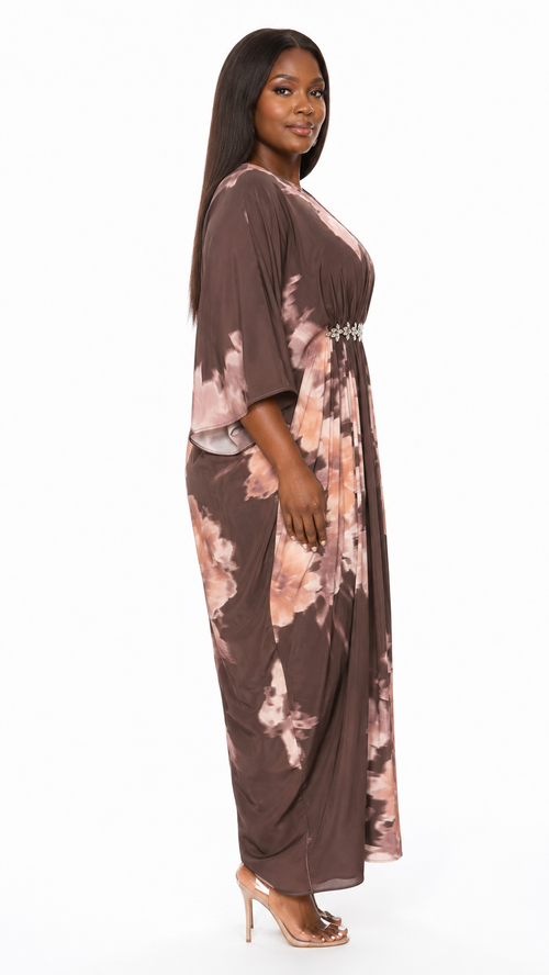 African Queen Mocha Tie-Dye Floral Rhinestone Belt Kaftan Maxi Dress - Side model view