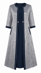 African Queen Silver Metallic Jacquard Longline Coat & Navy Midi Dress Set - Flat lay product view