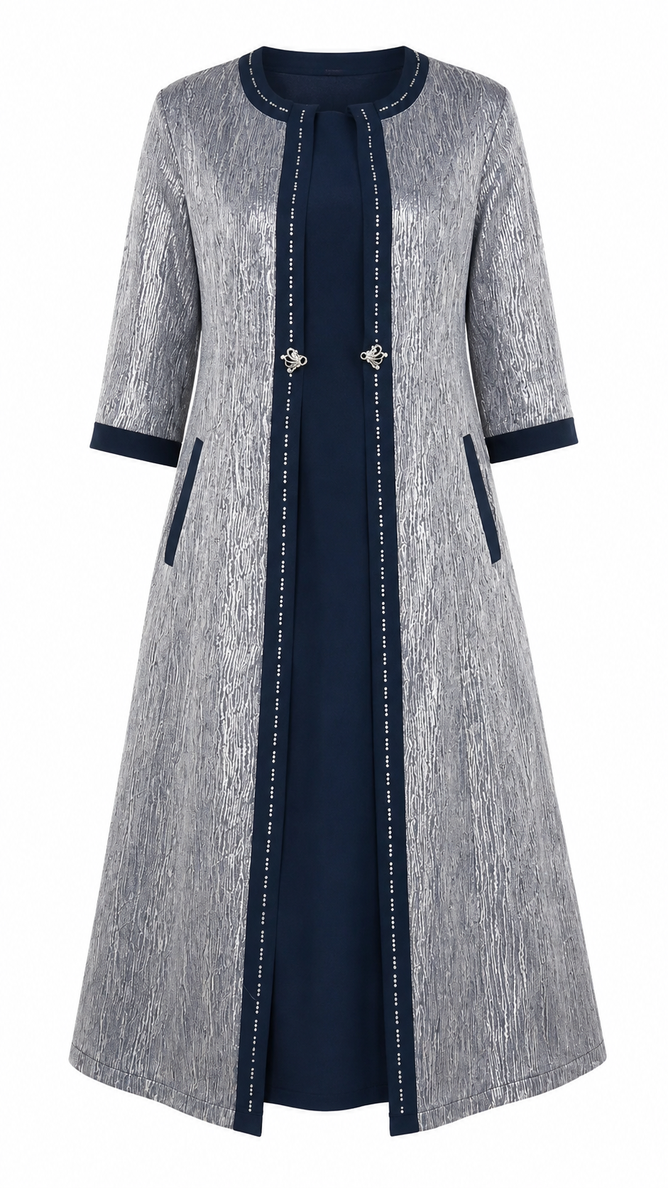 African Queen Silver Metallic Jacquard Longline Coat & Navy Midi Dress Set - Flat lay product view