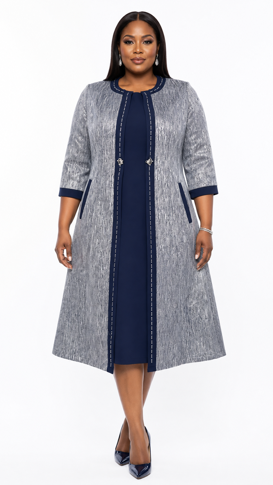 African Queen Silver Metallic Jacquard Longline Coat & Navy Midi Dress Set - Front model view