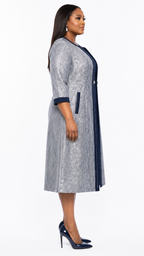 African Queen Silver Metallic Jacquard Longline Coat & Navy Midi Dress Set - Side model view