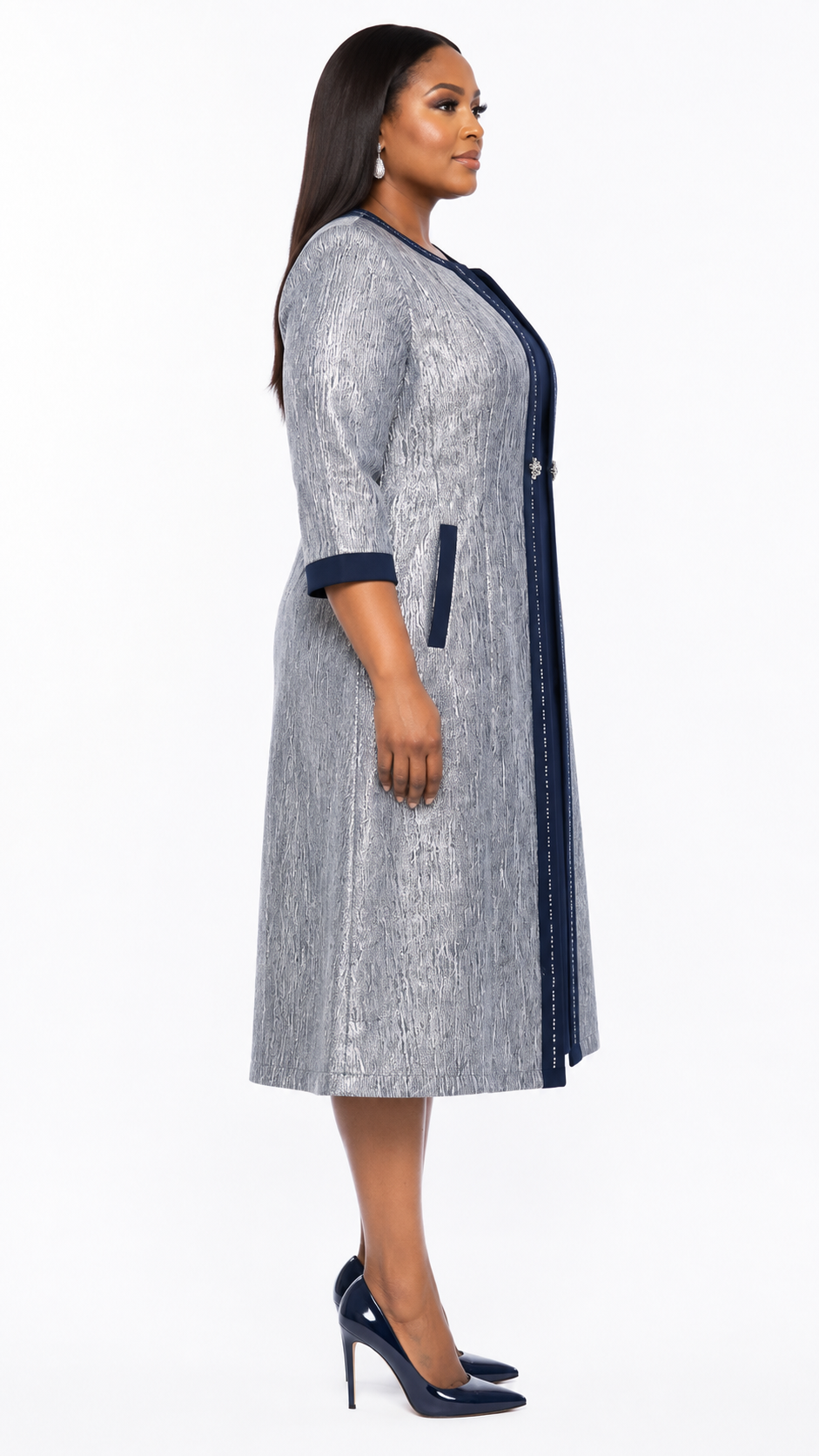 African Queen Silver Metallic Jacquard Longline Coat & Navy Midi Dress Set - Side model view