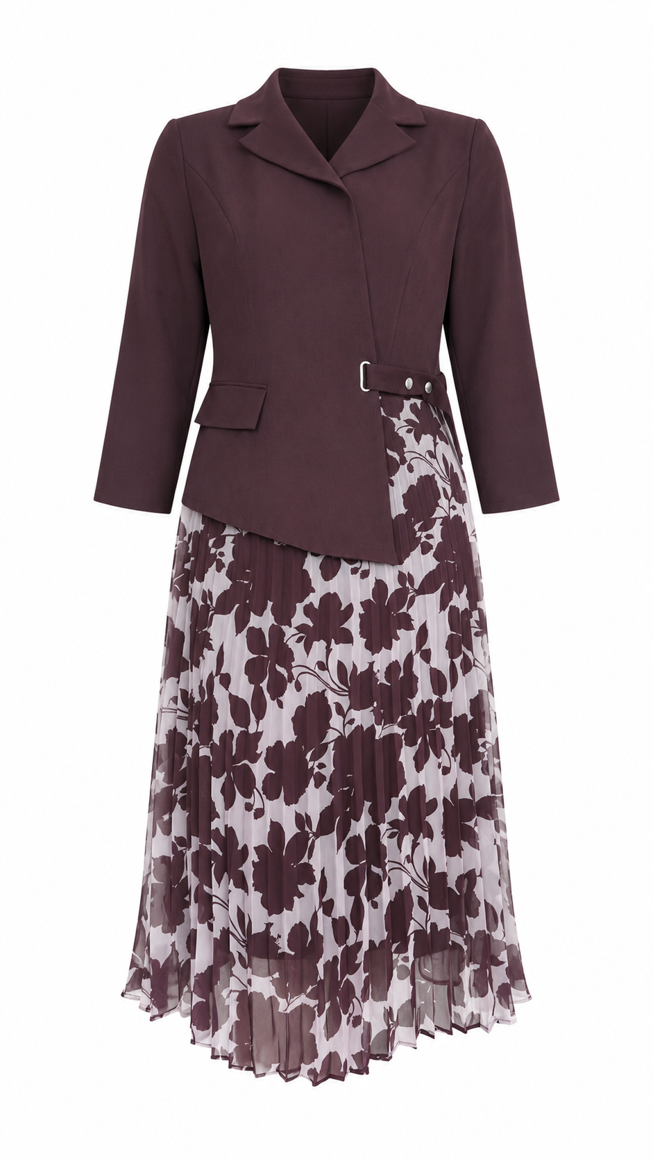 African Queen Plum Asymmetric Blazer & Floral Pleated Midi Skirt Set - Flat lay product view