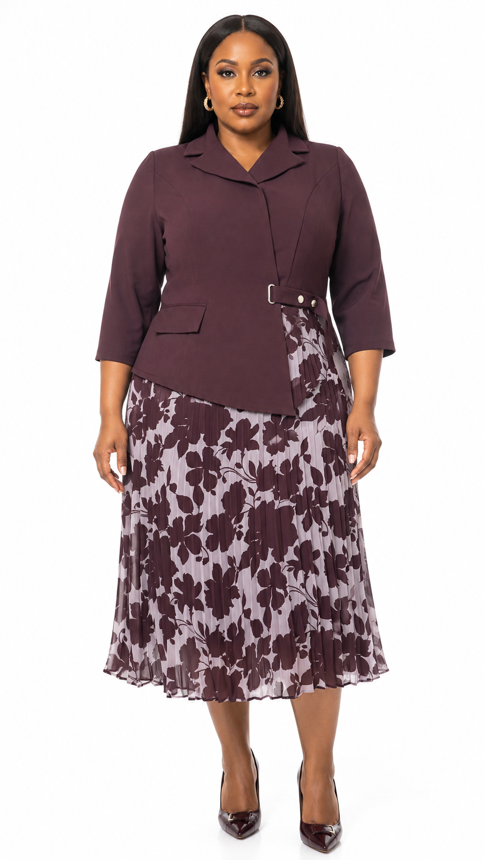 African Queen Plum Asymmetric Blazer & Floral Pleated Midi Skirt Set - Front model view