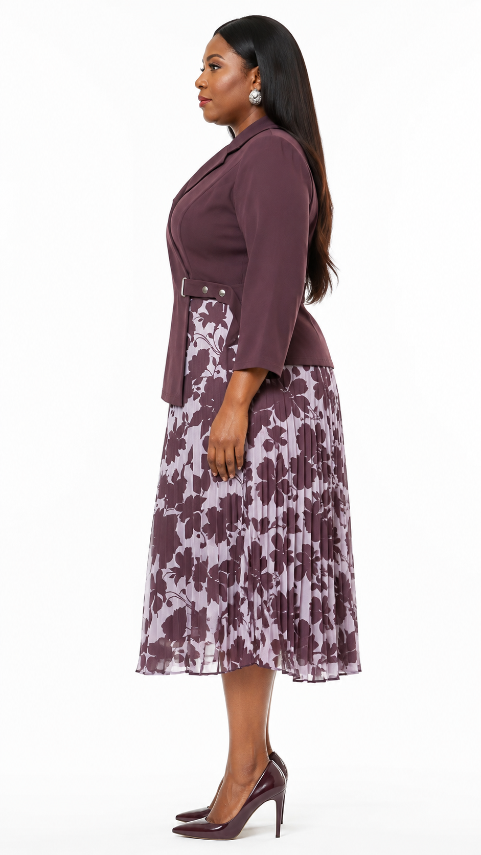 African Queen Plum Asymmetric Blazer & Floral Pleated Midi Skirt Set - Side model view