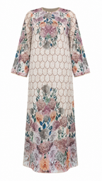 African Queen Blush Honeycomb Sequin Floral Kaftan Maxi Dress - Flat lay product view