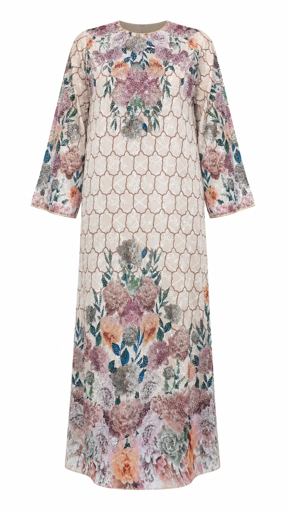 African Queen Blush Honeycomb Sequin Floral Kaftan Maxi Dress - Flat lay product view