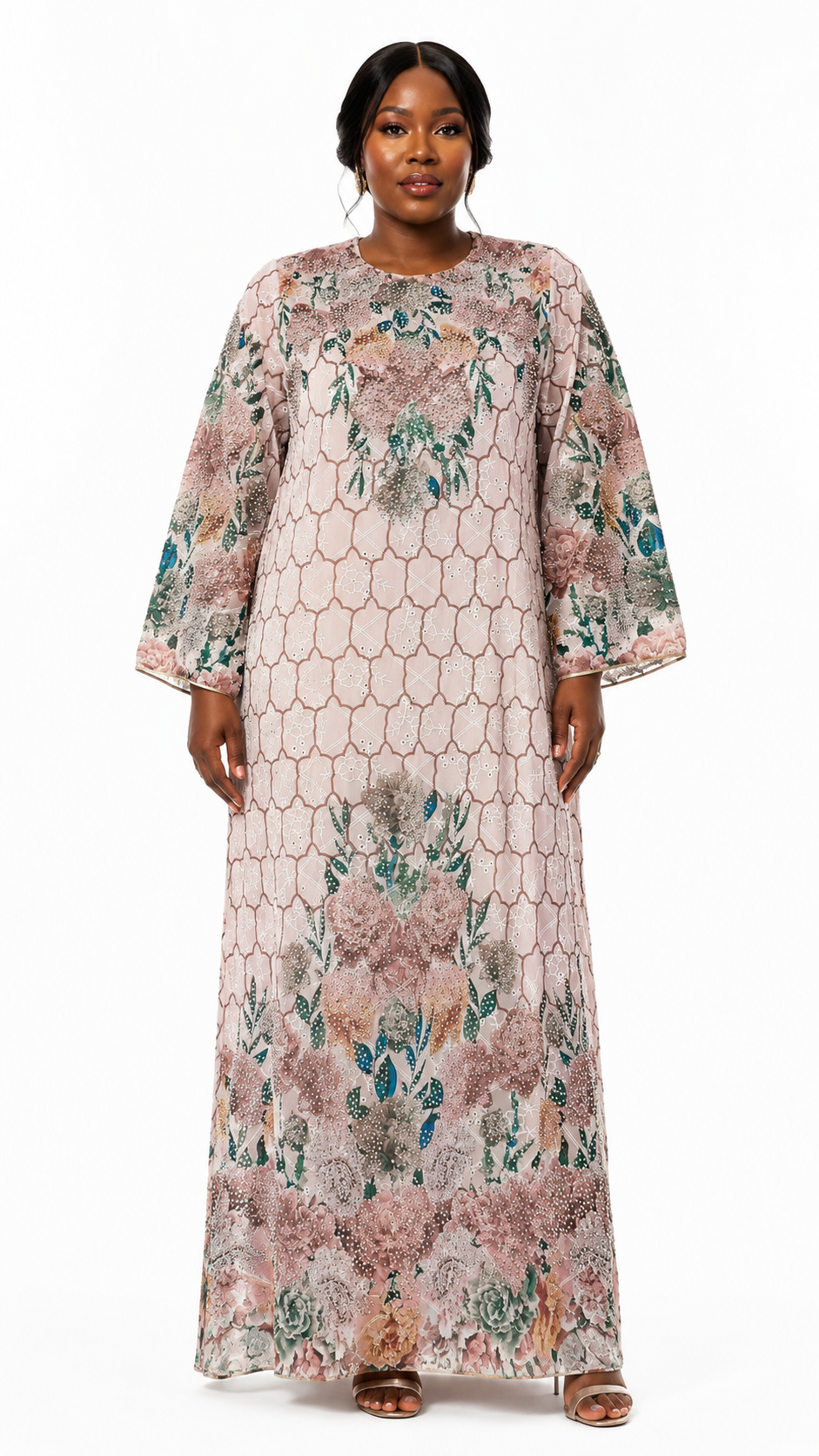 African Queen Blush Honeycomb Sequin Floral Kaftan Maxi Dress - Front model view
