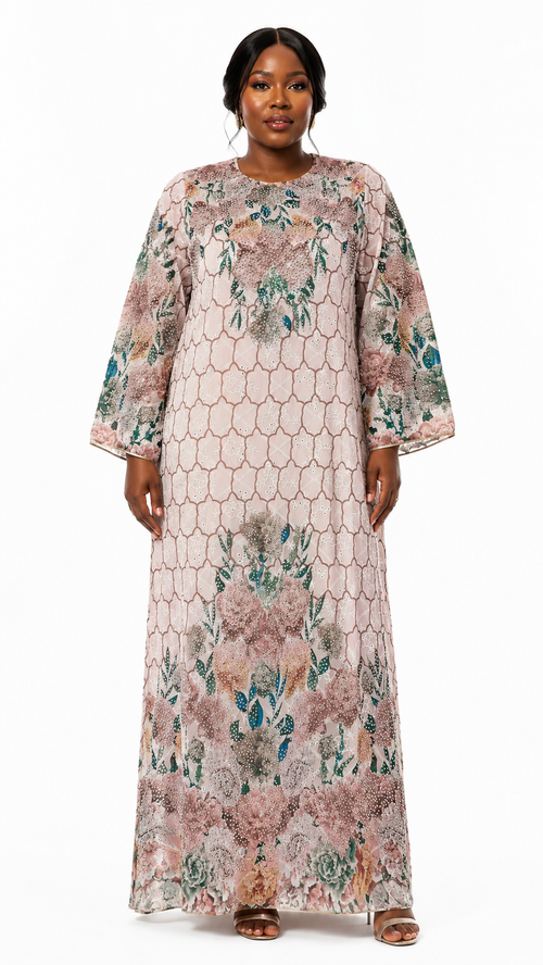 African Queen Blush Honeycomb Sequin Floral Kaftan Maxi Dress - Front model view