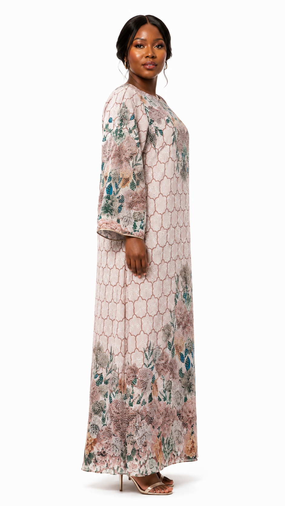 African Queen Blush Honeycomb Sequin Floral Kaftan Maxi Dress - Side model view