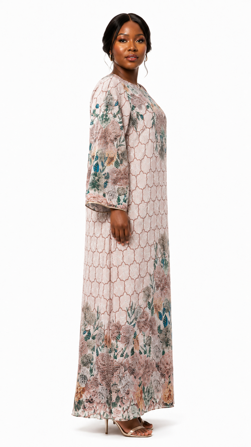 African Queen Blush Honeycomb Sequin Floral Kaftan Maxi Dress - Side model view